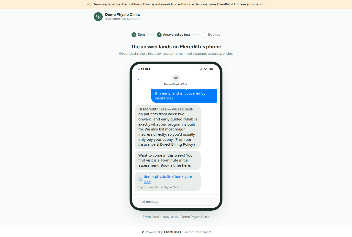Client-side SMS thread in a phone frame
