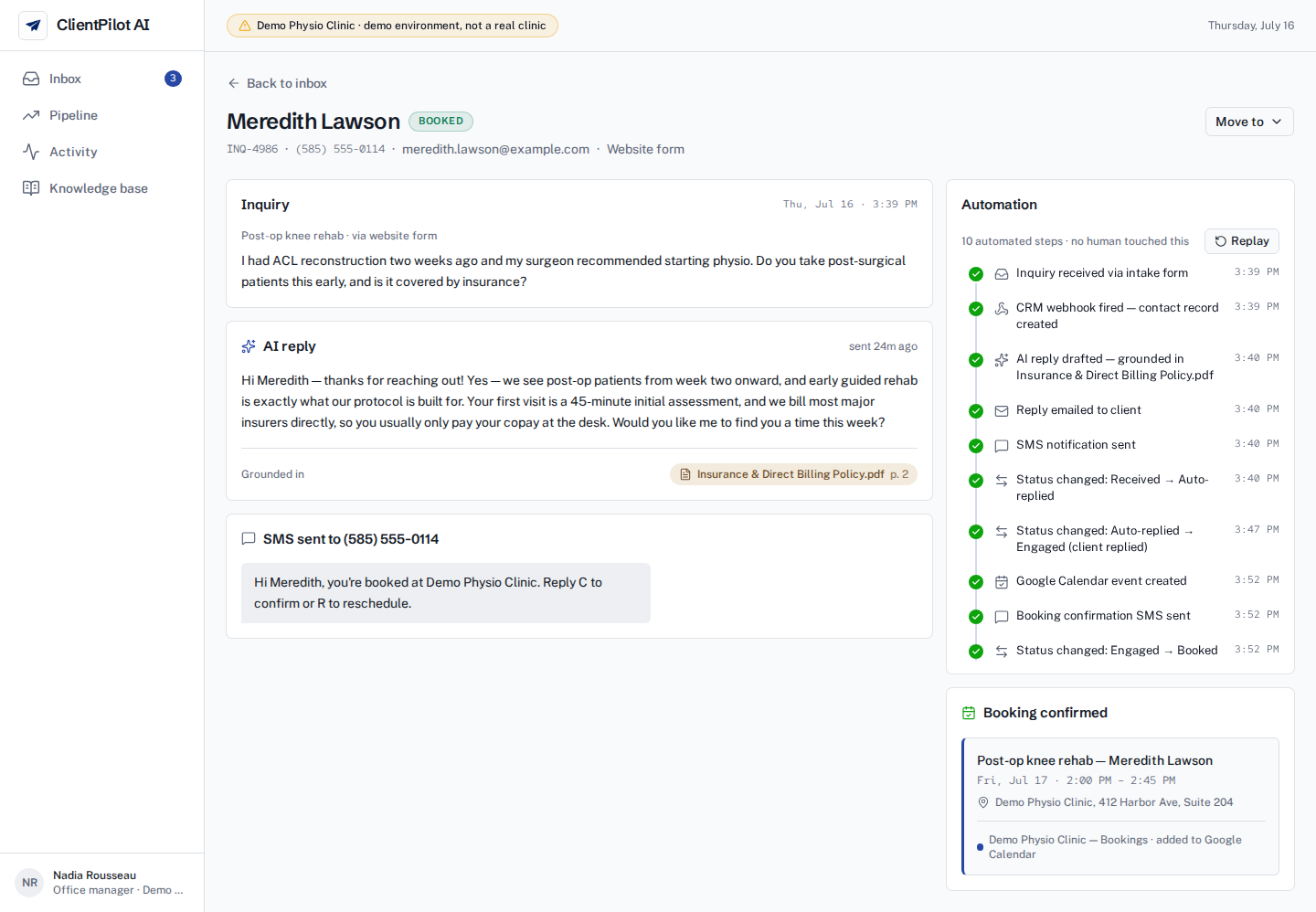 ClientPilot inquiry detail with AI reply and automation thread
