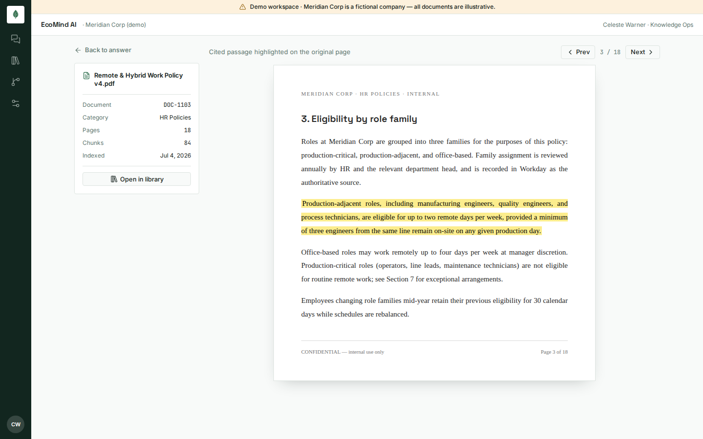 EcoMind source viewer with highlighted passage