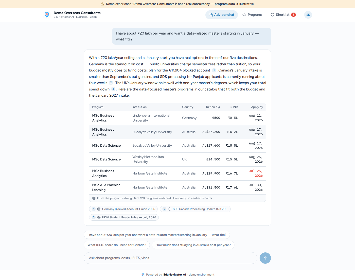 EduNavigator hybrid answer with citations and program table