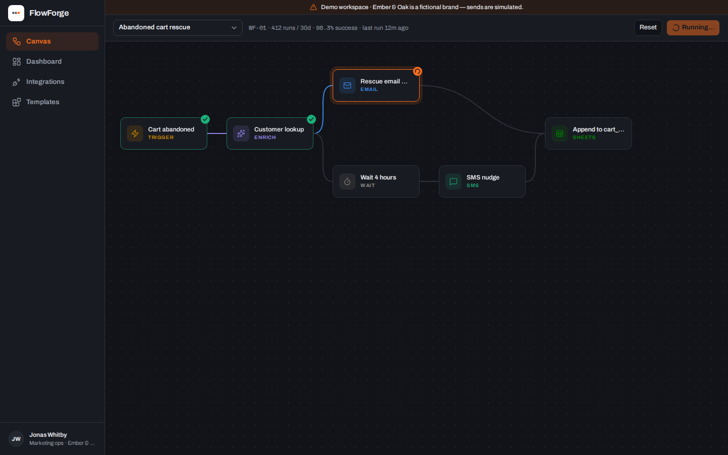 Canvas mid-run with heat ring on active node