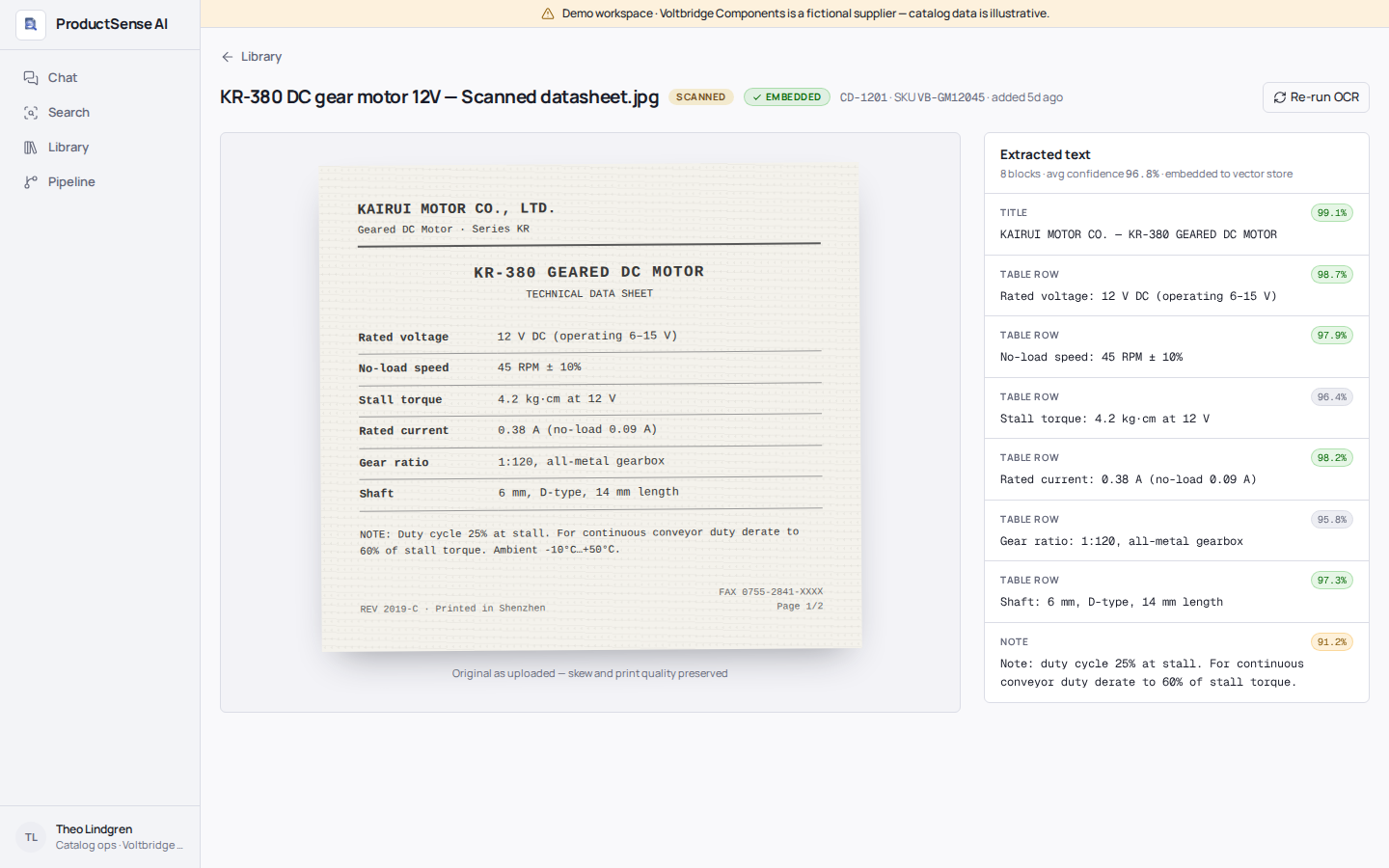 ProductSense OCR split view: scan beside extracted blocks