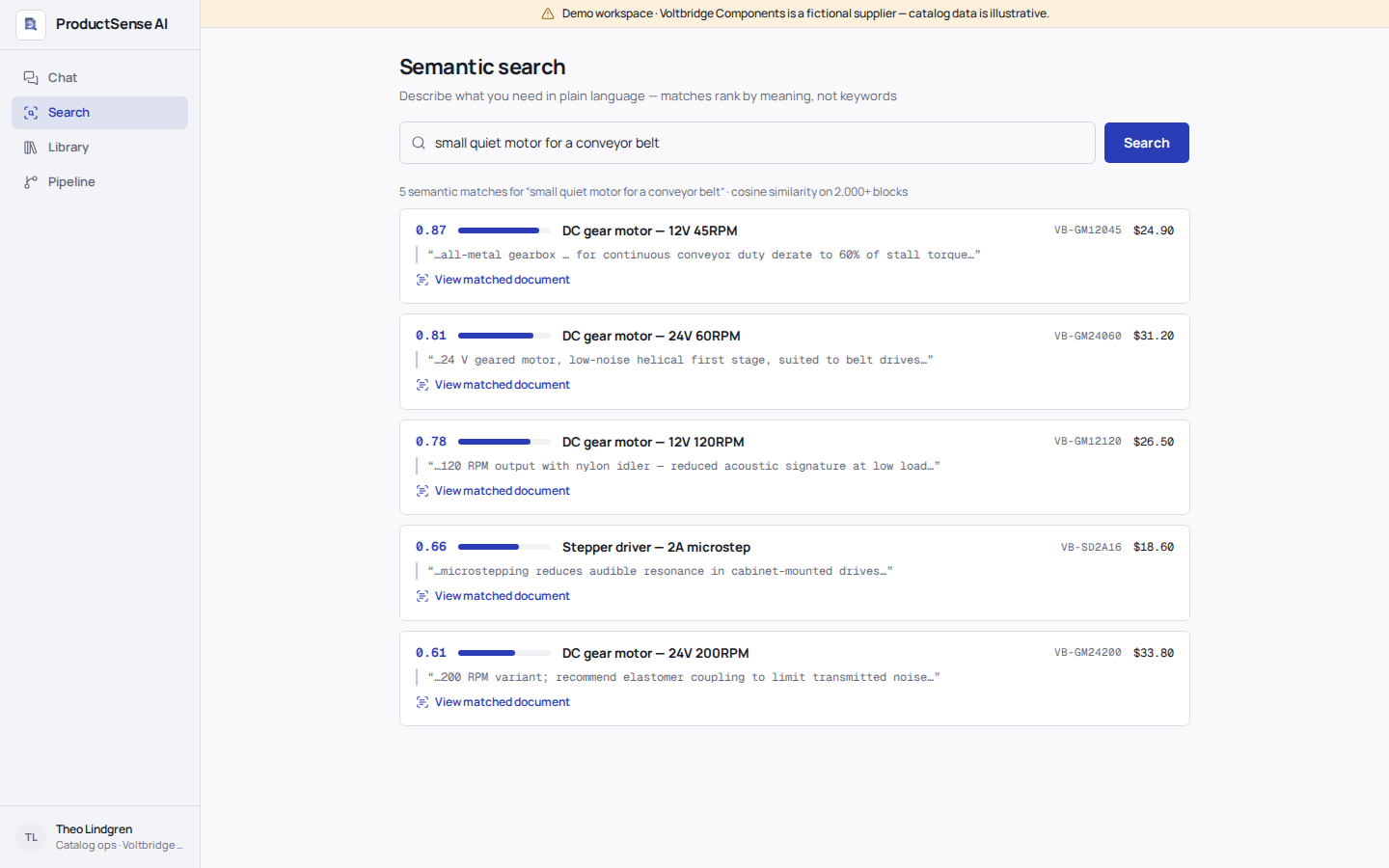 Semantic search results with similarity scores