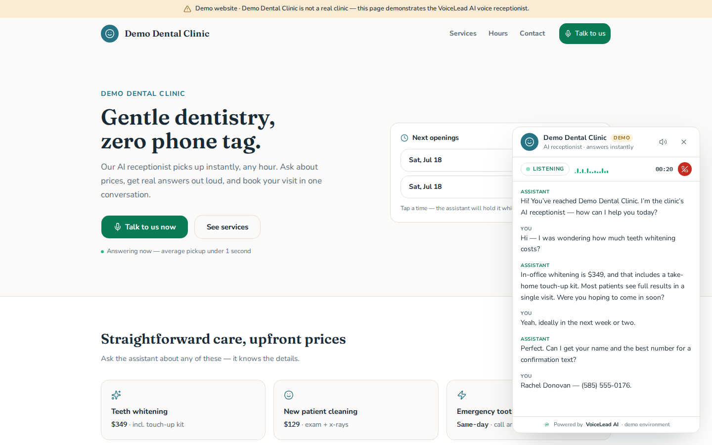 Caller widget offering appointment slots