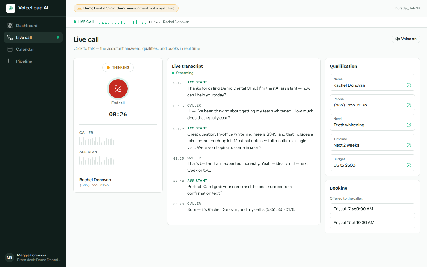 VoiceLead staff console during a live call